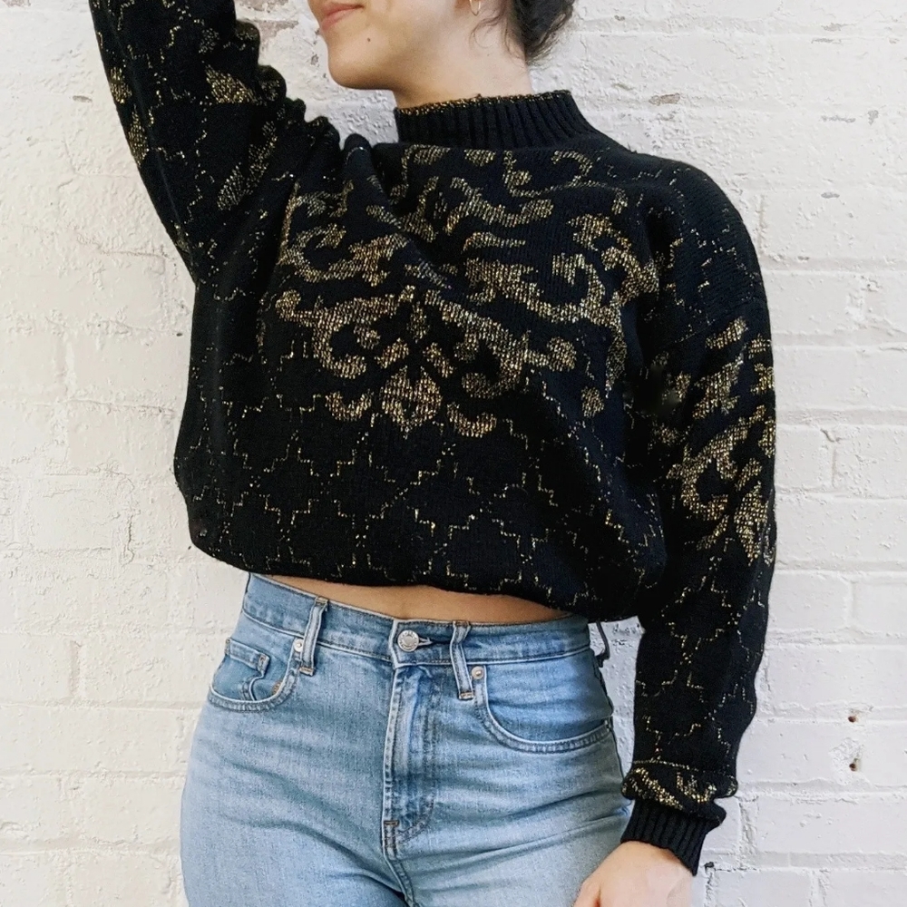 Vintage Sweater | 1980s Arielle | Black & Gold Lurex Mockneck - Picture 2 of 3